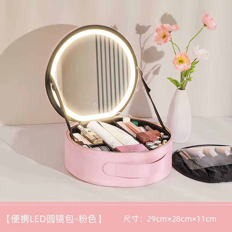 Cosmetic Portable Travel Storage Box with 2000Mah Led Rechargeable Vanity Bags Makeup Case with Led Light Mirror