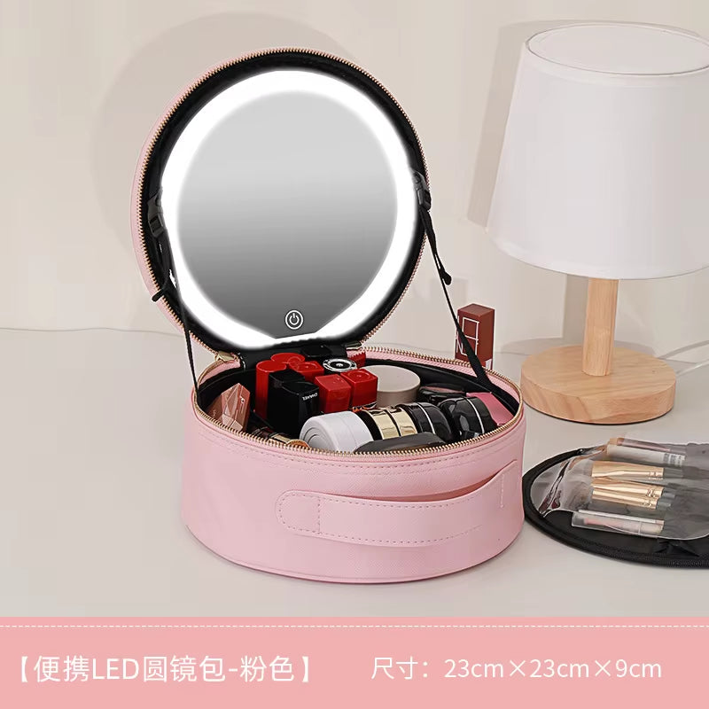 Cosmetic Portable Travel Storage Box with 2000Mah Led Rechargeable Vanity Bags Makeup Case with Led Light Mirror