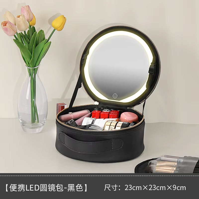 Cosmetic Portable Travel Storage Box with 2000Mah Led Rechargeable Vanity Bags Makeup Case with Led Light Mirror