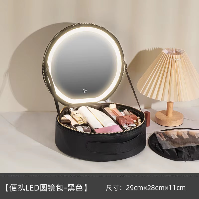Cosmetic Portable Travel Storage Box with 2000Mah Led Rechargeable Vanity Bags Makeup Case with Led Light Mirror
